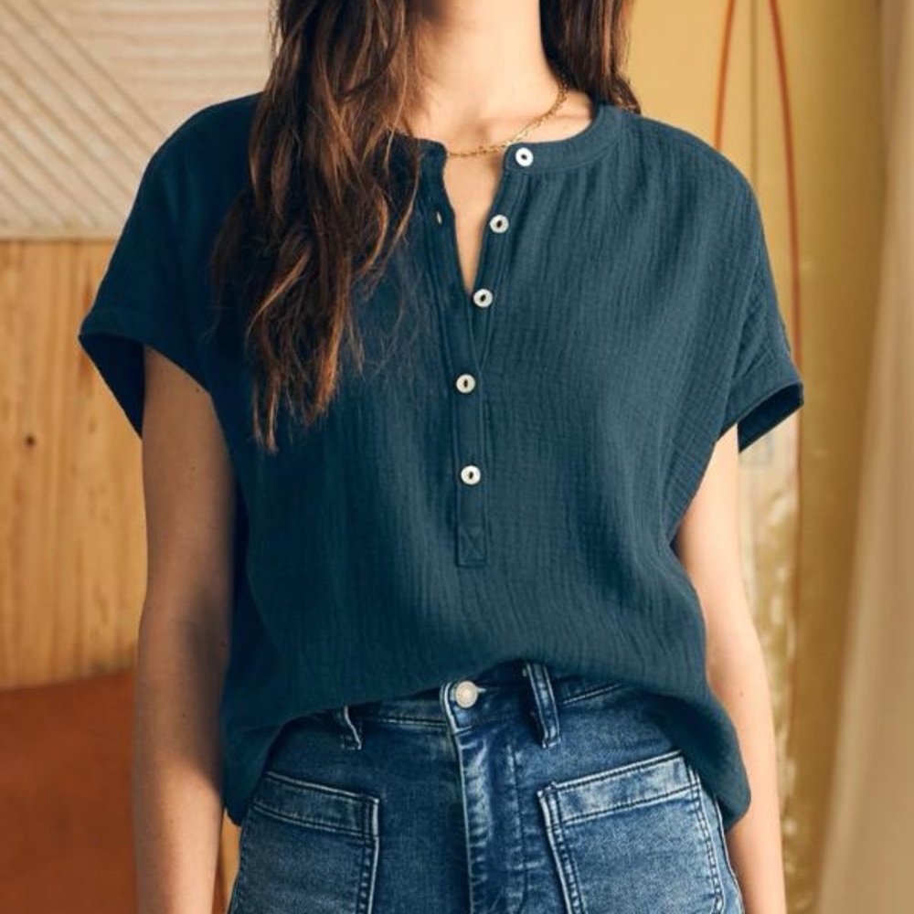 Faherty Deep Blue Button-Up Blouse